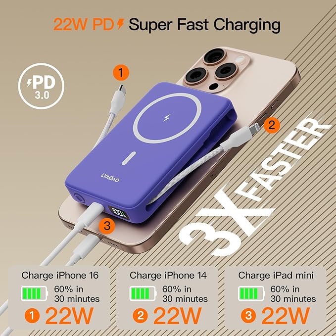 2025 Magnetic Battery Pack 16800mAh Mobile Power Bank, Portable Charger with Foldable Stand and Built-in Cable, 20W USB-C Fast Charging, Suitable for iPhone 17/16/15/14/13/12 Series