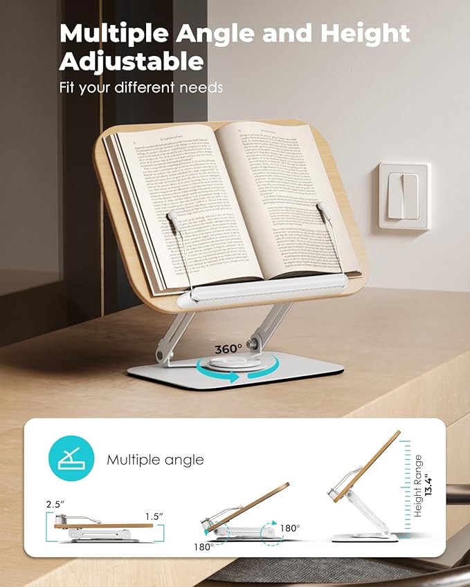 Viozon Book Stand for Reading,Book Holder, Height&Angle Adjustable, 360° Rotating Base, Foldable and Portable, Lightweight for Office, Kitchen, School Textbook, Recipe, Magazine,Kindle,Tablet LW