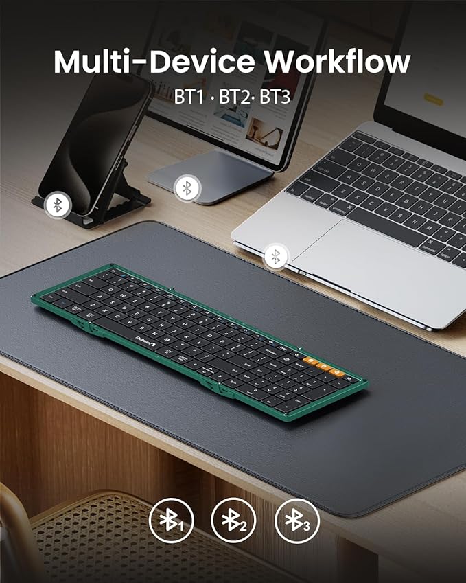 ProtoArc Foldable Bluetooth Keyboard, XK01 Folding Wireless Portable Keyboard with Number Pad, Full-Size Travel Keyboards for Windows iOS Android Tablet Smartphone Laptop PC - Dark Green