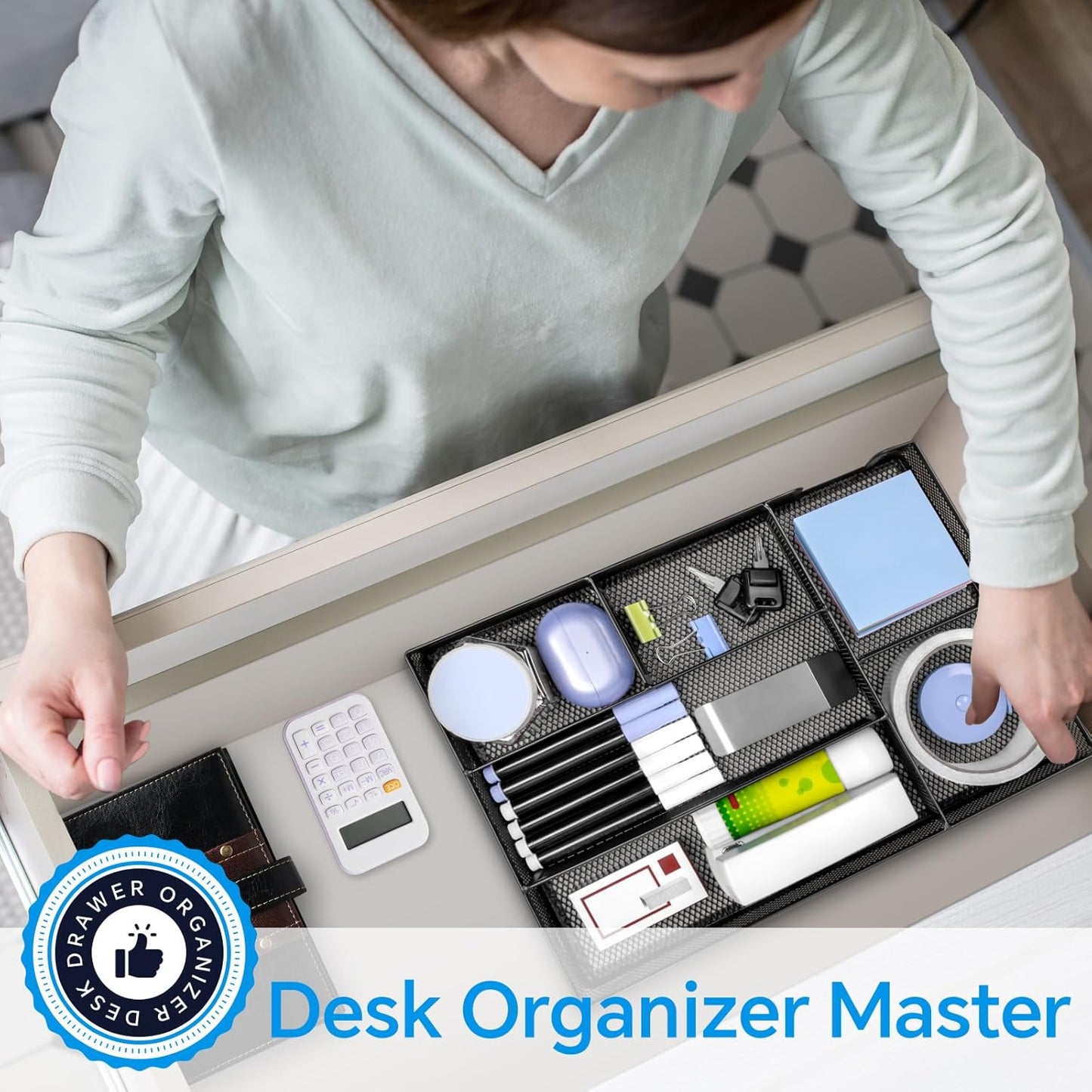 Desk Drawer Organizer, Office Drawer Divider Organizer Tray with 6 Compartments, Metal Mesh Desktop Organization and Accessories for Stationery Makeup Kitchen Toolroom School ＆Office, 12.6x8.27x1.6 in