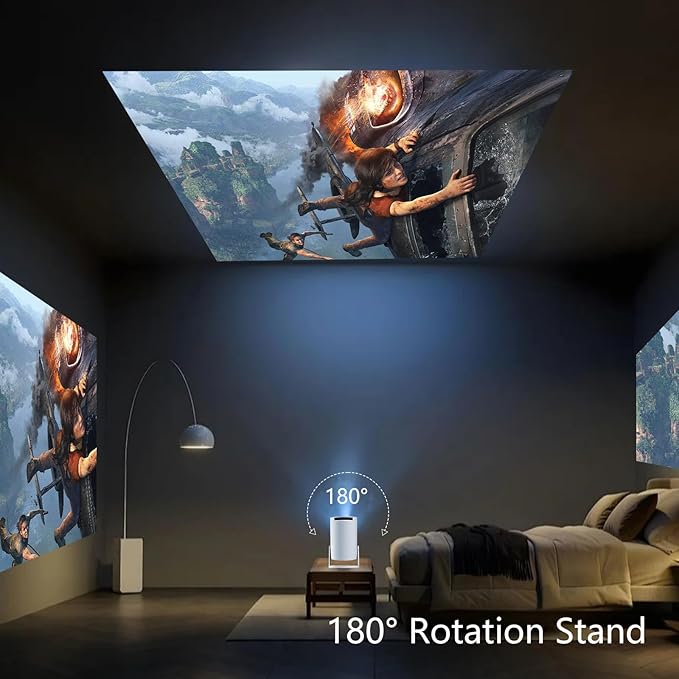 JREN Mini Android Projector Portable with WiFi and Bluetooth, Smart Projector with Auto Keystone, Outdoor Movie Projector for Bedroom Ceiling, Short Throw Roku Projector Home Theatre Mini