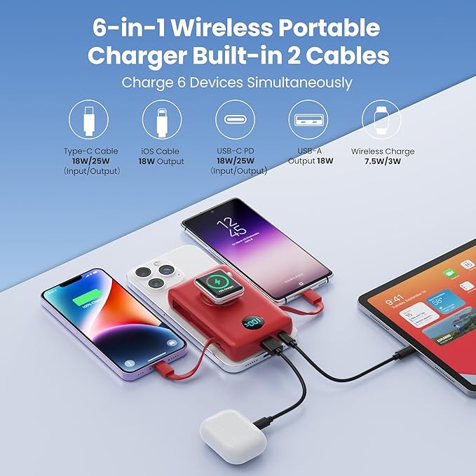 Magnetic Portable Charger 10800mAh for iPhone with Built-in Cables, 6-in-1 Wireless Power Bank with iWatch Charger, 25W PD Fast Charging USB C Battery Pack for iPhone 16/15/14/13/12, Apple Watch(Red)
