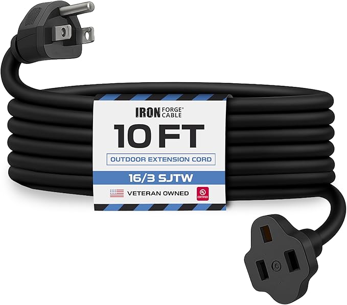 Iron Forge Cable 10 Ft Black Extension Cord, 16/3, 10 Foot Extension Cord, 3 Prong, Weatherproof - Great for Outside Use