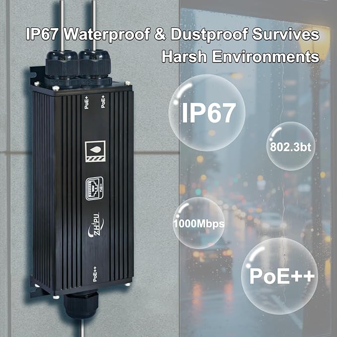 Htfoevrxs IP67 Waterproof Industrial Grade Gigabit PoE++ Extender,1 in 2 Out 90W Input,3-Level Cascade up to 400m,Plug-and-Play for Surveillance/Outdoor Networks