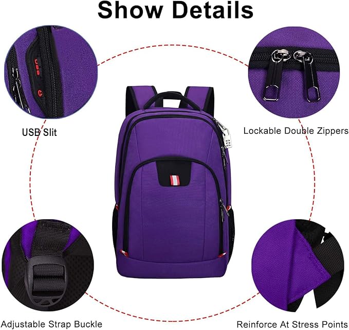 Travel Laptop Backpack, Small Backpack for Men and Women with USB Slit Business Computer Backpack Bag (Purple, 15.6 Inch)