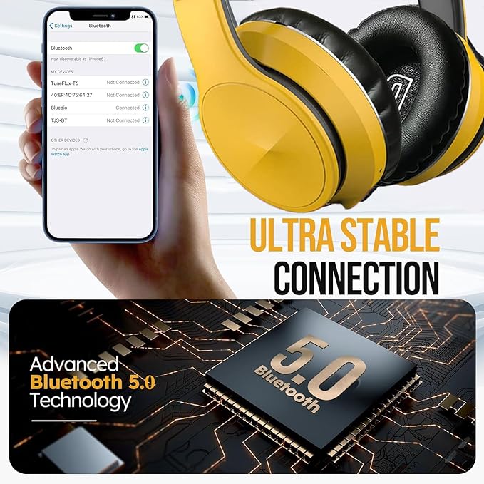 OYEALEX Active Noise Cancelling Headphones, Wireless Over Ear Bluetooth Headphones with Microphone Foldable Headphone with HiFi Audio Deep Bass for Home Travel Office Yellow