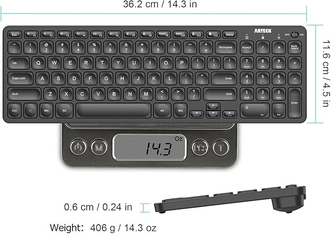 Arteck 2.4G Wireless Keyboard Ultra Slim Full Size Keyboard with Numeric Keypad and Media Hotkey for Computer/Desktop/PC/Laptop/Surface/Smart TV and Windows 10/8/ 7 Built-in Rechargeable Battery