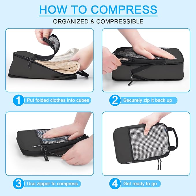 4 PCS Set Compression Packing Cubes for Travel, Lightweight Packaging Organizer Bags for Carry On Space Saving, Travel Essentials Cubes for Suitcase Backpack, Black