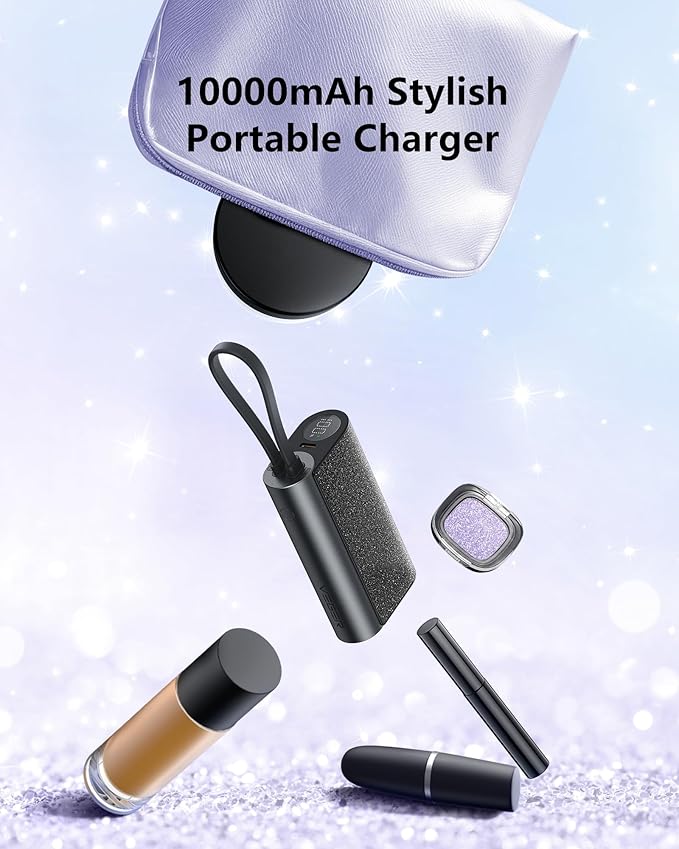 VEGER Compact Portable Charger with Built in Cable(Removable), 10000mAh Cute Power Bank 20W Fast Charging, Sparkling Battery Pack Fashion Travel Accessory Compatible with iPhone 15/14, Android-Black