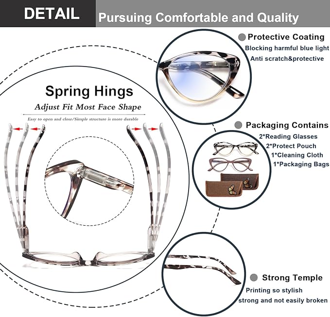 EYEURL Cat Eye Reading Glasses for Women 2 Pair Blue Light Blocking Readers 0.75 Comfort Spring Hinge Lightweight Eyeglasses Anti Glare for Ladies