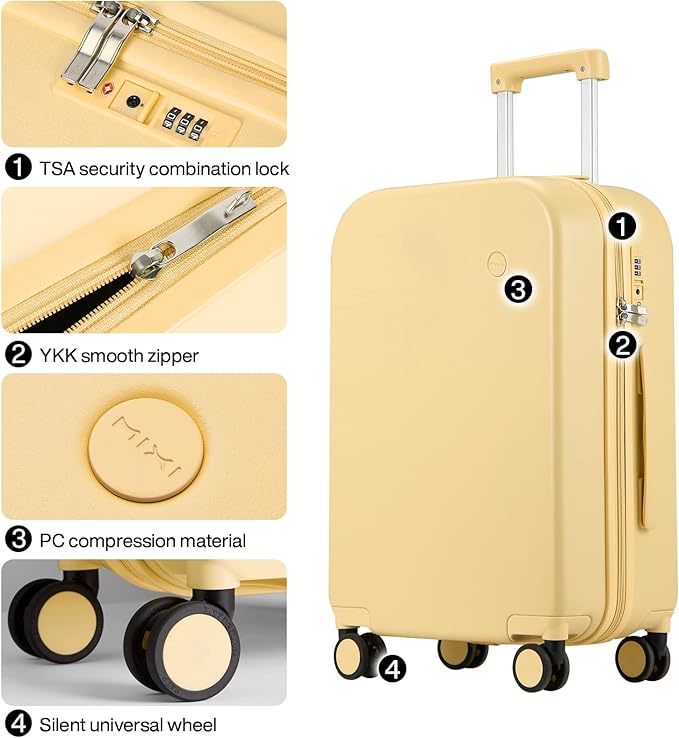 mixi Luggage Suitcase with Spinner Wheels, Hardside Rolling Suitcase PC with Cover & TSA Lock Lightweight Travel Case 24in Checked in, Lark Yellow