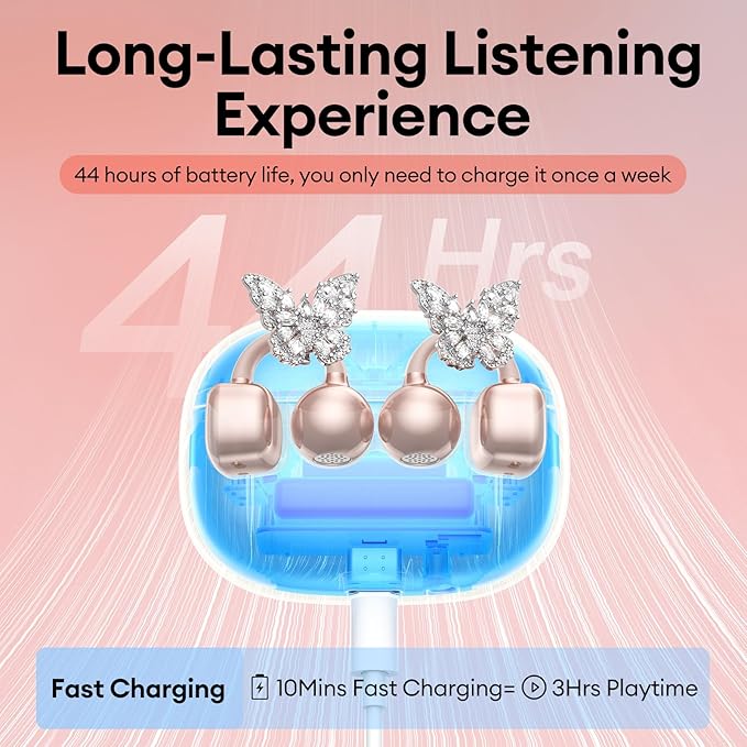 PAXA Bling Open Ear Clip On Earbuds with LED Display & Crystal Butterfly Earrings, Comfort Bluetooth 5.4 Wireless Ear Buds 50H Playtime for Women Girl Work, Fitness, Daily Wear, Gift, Rose Gold