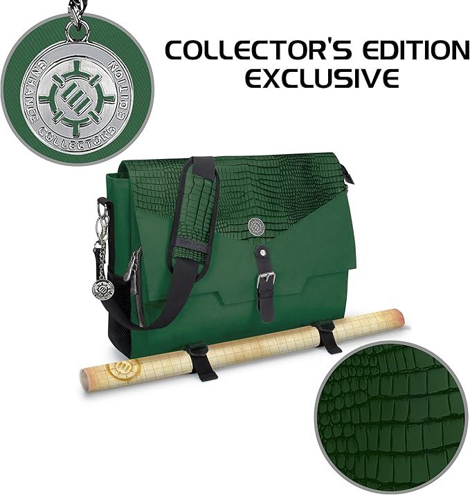 ENHANCE Collector's Edition RPG Player's Essentials DND Bag - Dragon Hide Exterior Messenger Bag Fits 2-4 Books, Binders, Dice & Accessories, with 17 inch Laptop Slot, Battlemap Straps (Dragon Green)