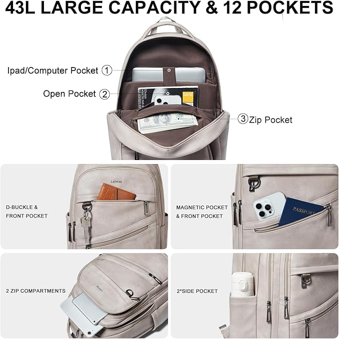 43L Backpack for Women Men - Vegan Leather Backpack Purse Travel Carry-on Bag College Bookbag Work fits 17" Laptop,Ash Gray Retro