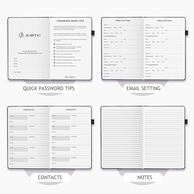 JUBTIC Password Book with Individual Alphabetical Tabs, 7"x10" Internet Password Keeper Book for Seniors, Password Notebook and Organizer/Notes Section, Black