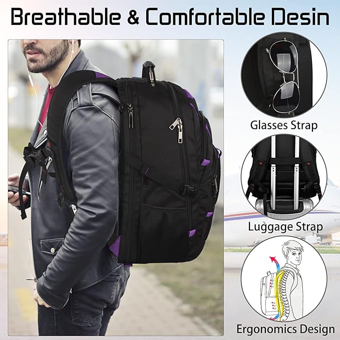 18.4 inch Travel Backpack Men Women, 55-60L Extra Large Laptop Backpack RFID Anti Theft TSA Friendly Flight Approved Backpacks, Water Resistant College School Heavy Duty With USB Charging Port, Purple