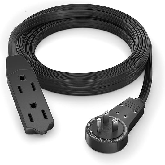 Maximm Cable 8 Ft 360° Rotating Flat Plug Extension Cord, 16/3 AWG Multi 3 Outlet 3-Prong Grounded Wire- Black - UL Certified