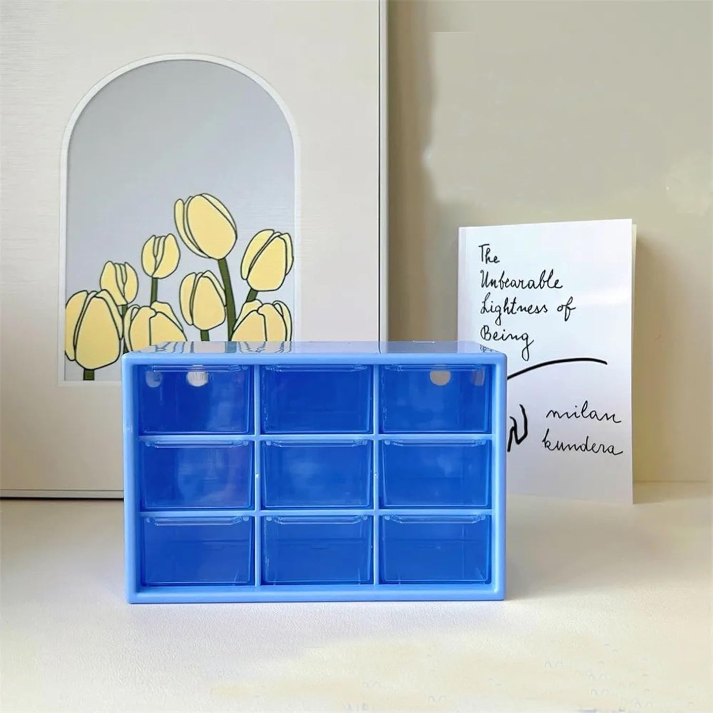 Feadily 2PCS Small Drawer Organizer for Desk, Desktop Drawer Organizer with 9 Clear Drawers, Plastic Desktop Storage Drawers 7.1 Inch x 3 .9 Inch x 4.7 Inch, Blue