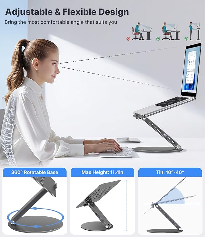 Adjustable Laptop Stand with 8 in 1 USB C Hub, Foldable Portable Computer Notebook Stand with 360° Rotating Base, Riser Holder Mount for All 10-17" Laptops (Gray)