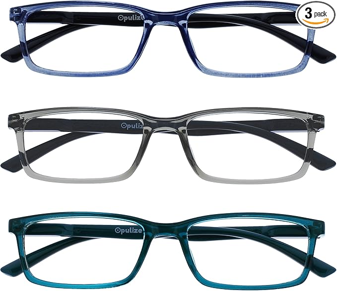 OPULIZE SEE Reading Glasses with Blue Light Blocking for Women and Men, Narrow Frame, Spring Hinges, Computer Gaming Glasses, Blue,Grey,Turquoise +3 (Pack of 3)