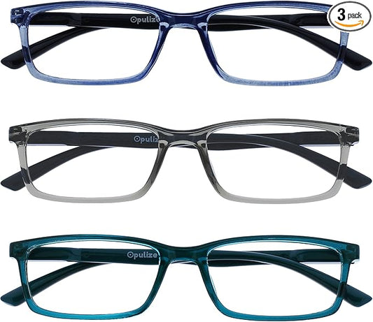 OPULIZE SEE Reading Glasses with Blue Light Blocking for Women and Men, Narrow Frame, Spring Hinges, Computer Gaming Glasses, Blue,Grey,Turquoise +2 (Pack of 3)