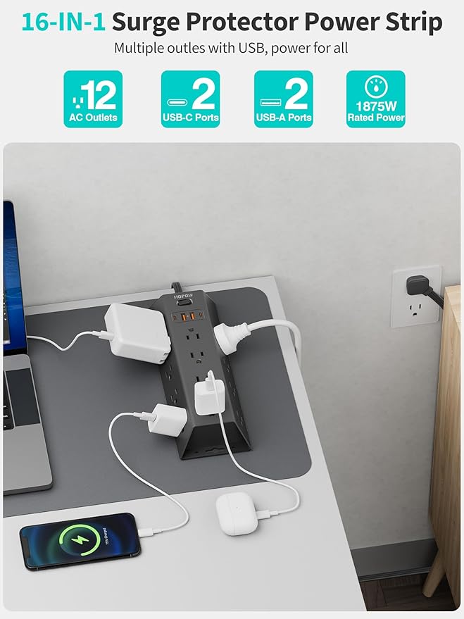 12 Outlets Surge Protector Power Strip, HOPOW 5FT Flat Plug Extension Cord with 12 AC Outlets & 4 USB Ports (2 USB C), 1700 Joules, Desk Charging Station for Home Office Room, Black