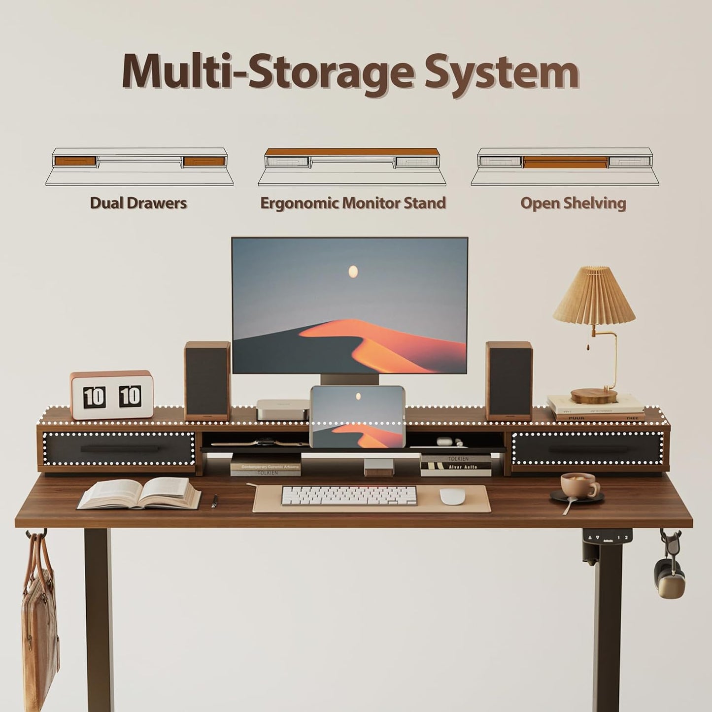 Agilestic 55 Inch Electric Standing Desk with Drawers, Adjustable Desk with Storage Shelf, Stand Up Home Office Computer Table, Splice Board, Dark Walnut