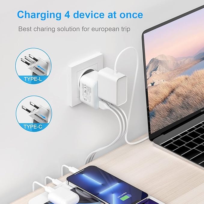 European Travel Plug Adapter, Foldable Power Adapter with 3 USB(1 USB C Port) and 1 AC Outlets, 2 in 1 Type C/L EU Outlet Adapter for US to Most of Europe France Germany Spain Italy(1 Pack)