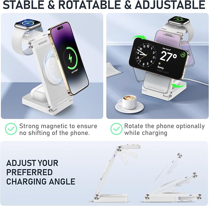 Magnetic Wireless Charger Stand, 3 in 1 Foldable Wireless Charging Station with 20W Adapter, Travel Charger for Multiple Devices for iPhone 17 16 15 14 13 12 Pro/Max/Plus/Mini, iWatch, AirPods