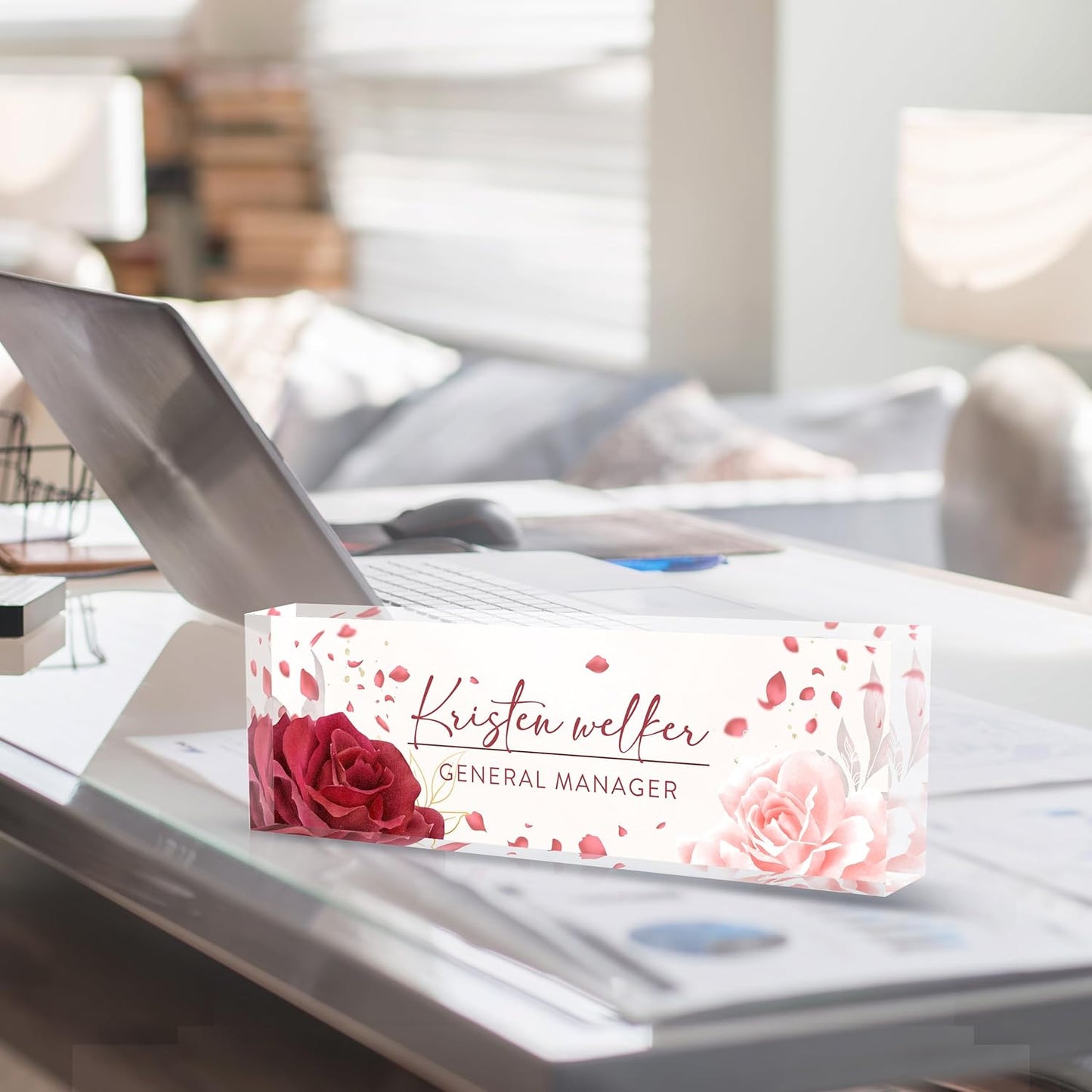 Custom Name Plate for Desk | Personalized Desk Name Plate | Personalized Boss Employee Appreciation Gifts | Acrylic Name Plate Office Desk Accessories (A-Rose)
