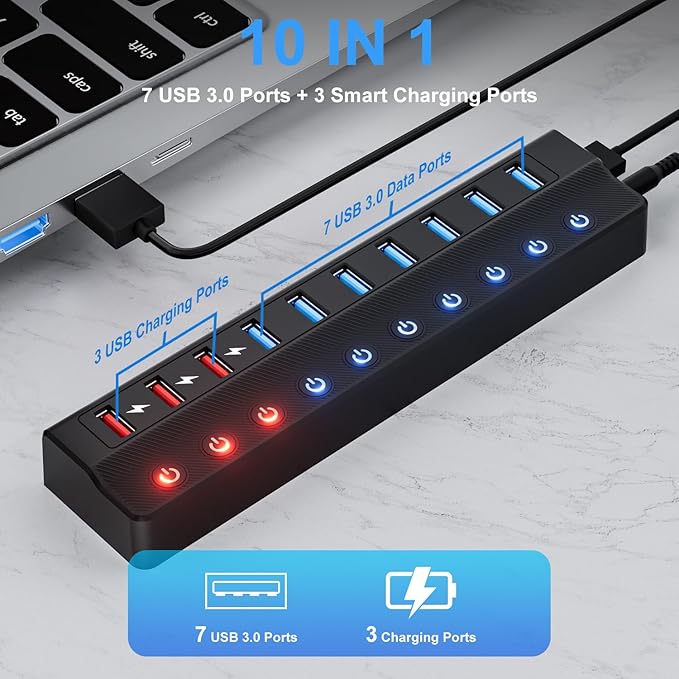 Powered USB Hub, 10-Port USB Splitter Hub (7 Faster Data Transfer Ports+ 3 Smart Charging Port) with Individual LED On/Off Switches and 12V/3A Power Adapter USB Extension for Mac, PC and More