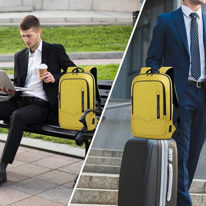 hk Backpack for Men Business Slim Backpack with USB Charger Computer Lightweight Anti-theft Travel Backpacks 15.6 inch Water Resistant Laptop Bag for Work Office College-Lemon Yellow