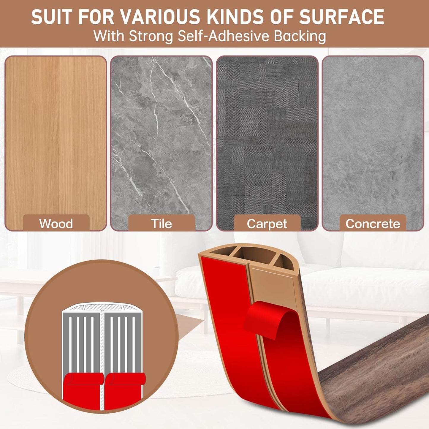 Floor Cord Cover Self Adhesive Cord Hider Floor Extension Cord Covers for Floor Power Cord Protector Cable Management Prevent Cable Trips Cable Cavity 0.59" W x 0.31" H (Smoked Brown Wood, 20Ft)