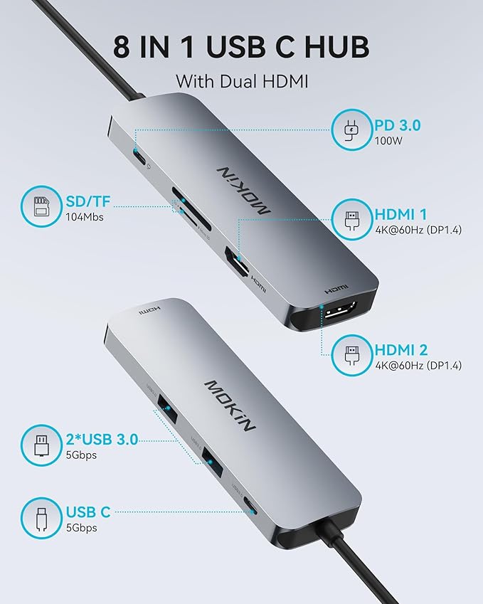 MOKiN USB C Docking Station Dual Monitor, USB C to Dual HDMI Adapter, 8 in 1 Laptop Docking Station with 2 HDMI(4K @60Hz), PD Charging, USB A&C 3.0 Ports, SD/TF for Dell/HP/Lenovo/Surface/Yoga etc