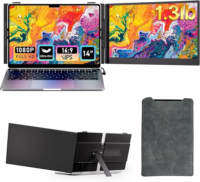 Laptop Screen Extender - Ultra-Thin 1.3lbs 14" FHD IPS Dual Portable Monitor Extension for Laptop, Attachment Plug & Play for 13-17" Laptops, Second Extra Travel Display for Windows/Mac/Android