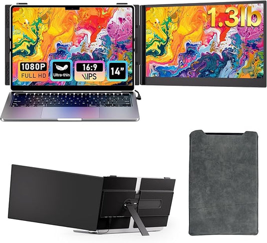 Laptop Screen Extender - Ultra-Thin 1.3lbs 14" FHD IPS Dual Portable Monitor Extension for Laptop, Attachment Plug & Play for 13-17" Laptops, Second Extra Travel Display for Windows/Mac/Android