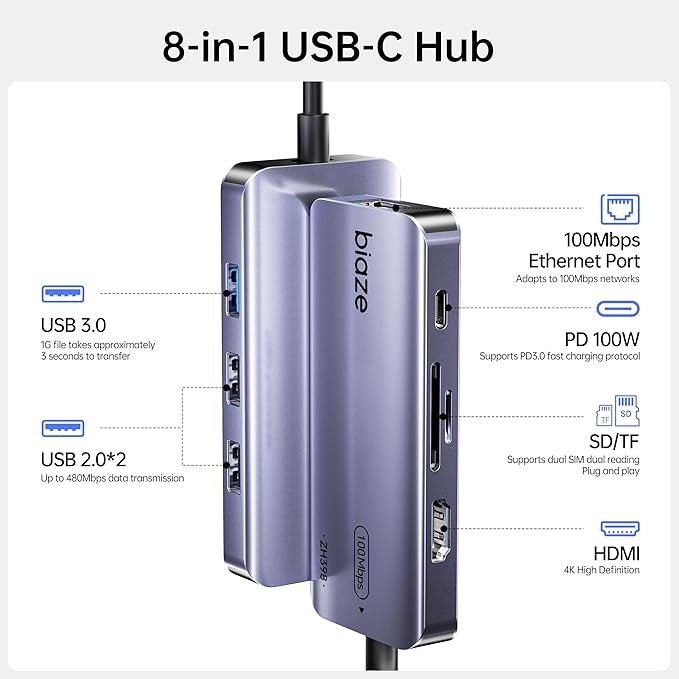8-in-1 USB C Hub Adapter for MacBook, 4K60Hz HDMI, 100W PD Charging, USB 3.0, USB 2.0 * 2, SD/TF Card Reader, 100M Ethernet, 7 Ports Dongle for MacBook Pro/Air, iPad Pro, iPhone