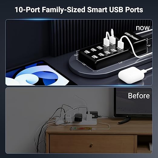 USB Charging Station 50w10A 10-Port Charger, Multiport Charger Hub, Compatible with iPhone, Galaxy, iPad Tablet, and Other Devices（Black）