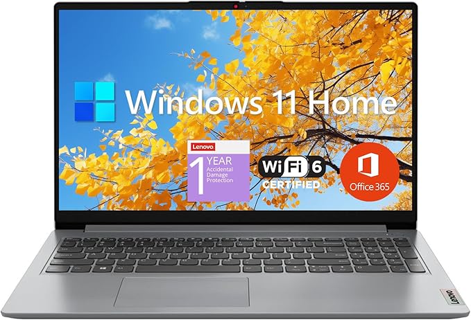 Lenovo IdeaPad 1 Student Laptop, 15.6" FHD Display, Intel Dual Core Processor, 8GB RAM, 128GB SSD + 128GB eMMC, 1 Year Office 365, Wi-Fi 6, SD Card Reader, W11H, Grey, Additional 1 Yr ADP