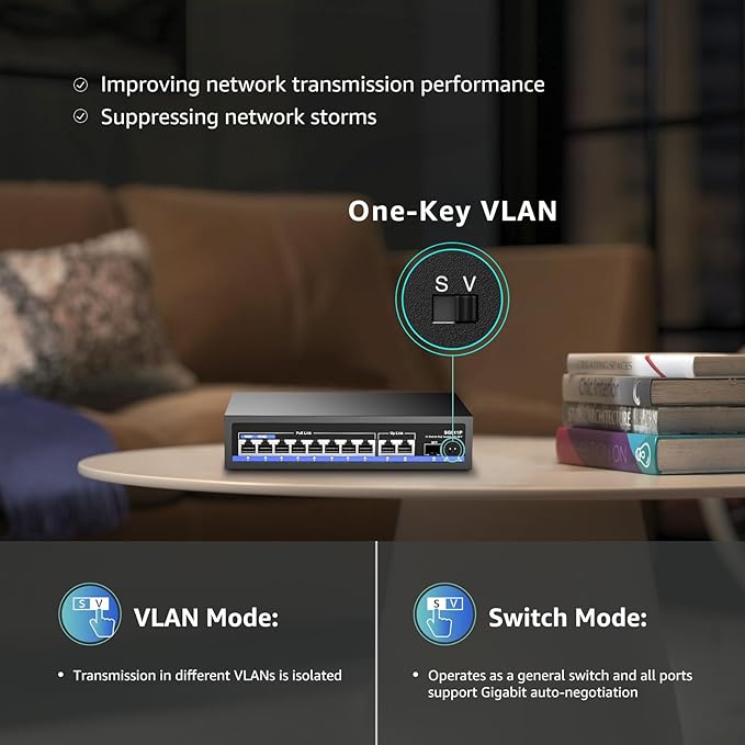 11-Port PoE Gigabit Switch, 8 PoE+ Port, 2 Gigabit Uplink, 1 SFP Port, 120W AI Detection, Qos, Fanless Metal Plug & Play Unmanaged Network Switch