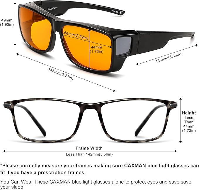CAXMAN 99.9% Blue Light Glasses Sleep Glasses Orange Tinted Lens for Good Sleep Fit Over Glasses Fully Covered Your Eyes
