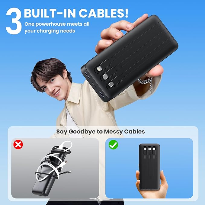 Portable Charger 50800mAh Power Bank with 3 Built in Cables,25W PD QC4.0 Fast Charging USB C Battery Pack,6 Outputs Travel Outdoor Essentials Portable Phone Charger for iPhone 17/16/15,Galaxy,Android