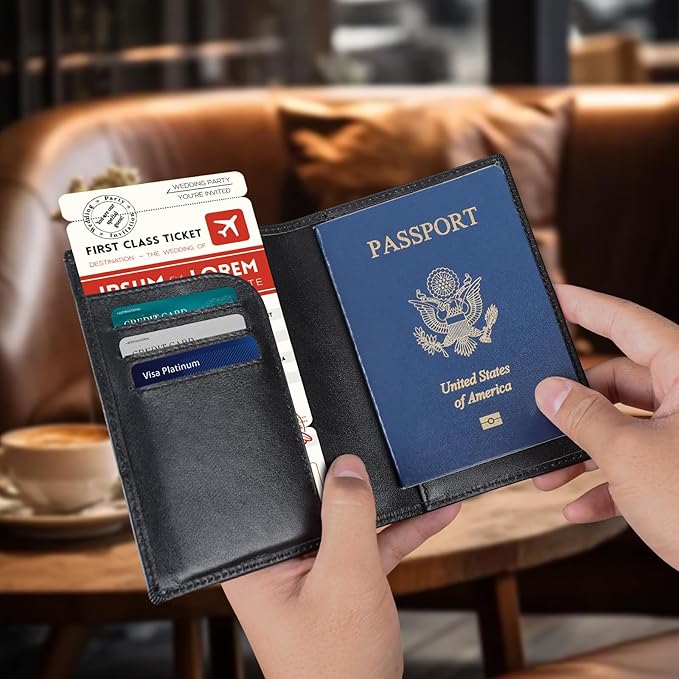 Polare Slim RFID Blocking Leather Passport Holder Travel Bifold Wallet For Men (Black with AirTag Holder)