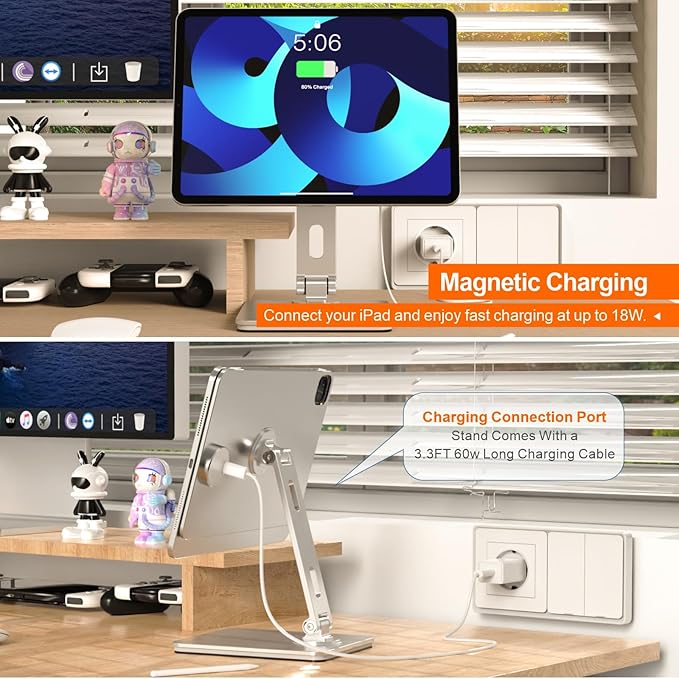 Magnetic Charging Stand for iPad Pro 11, Aluminum Foldable Charger Stand with 360° Rotation, USB-C Fast Wireless Charger Station for iPad, Holder Mount for Office (Rechargeable Version)