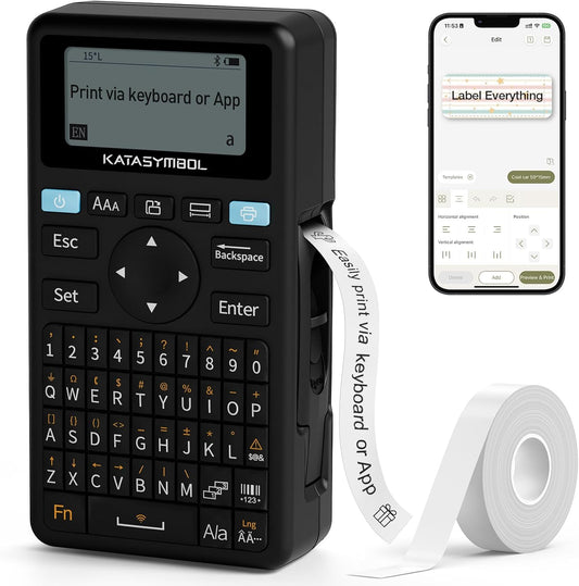 SUPVAN E11 Bluetooth Label Maker Machine with Tape, Support Keyboard & App with 40 Fonts and 450+ Icons, Rechargeable Inkless Labeler for Home, Kitchen, Office, School, Organization, Black