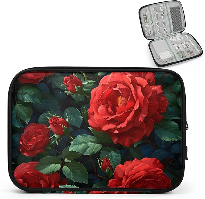 Red Rose Flowers Electronics Travel Organizer Case, Tech Accessories Cable Storage Bag for Cords, Charger, Phone, Hard Drive