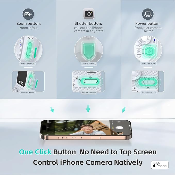 COMITOK Only for iPhone, MOGO [Apple MFi Certified] Gimbal Stabilizer for iPhone Stabilizer for Video Recording, Native Camera Control by Remote & Apple Watch, Background Mode Tracking in iOS26