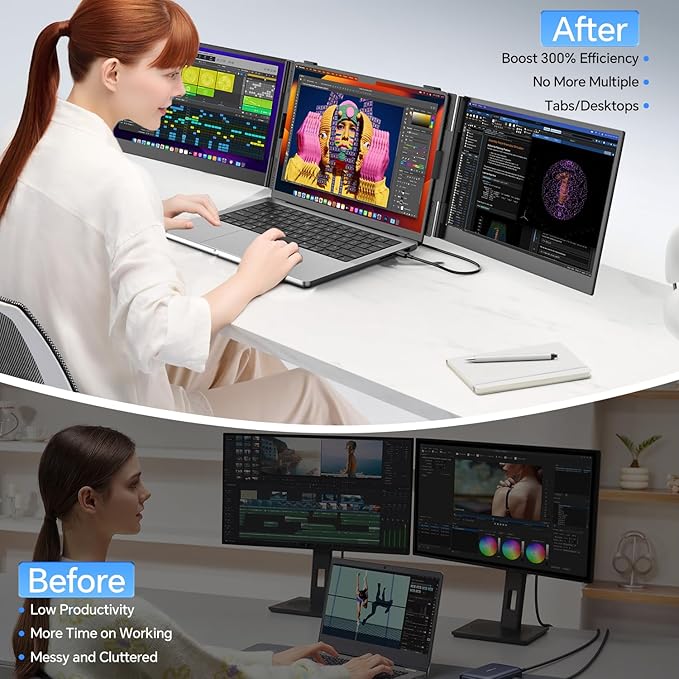 14.2’’ Triple Laptop Screen Extender, 0.17" Ultra-Slim FHD 1080P Portable Monitor for Laptop, Tri-Screen Travel Monitor Extender, Plug-Play for Windows/Mac/Chrome, Fit 13”-17.3” Laptops