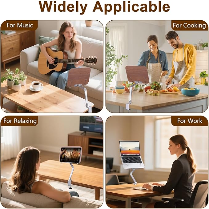 ASIEIT Book Stand for Reading, Wood Desk Clamp Book Holder, Cookbook Stand for Kitchen, Recipe Book Stand with Clamp, Height and Angle Adjustable, Foldable and Portable for Office, Bible, Recipe