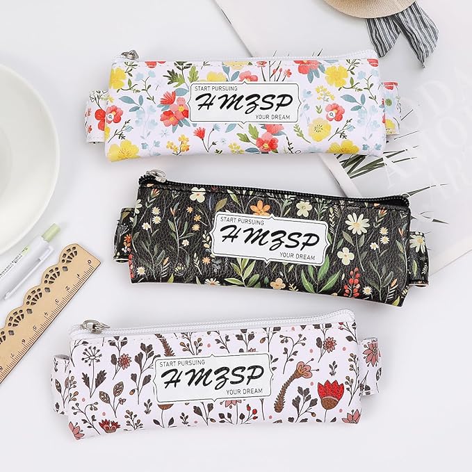 Adjustable Elastic PU Pen Holder for Notebook, Stationery School Supplies Zipper Bag for Journals, Book,Planners,Black Flower,3 PCS